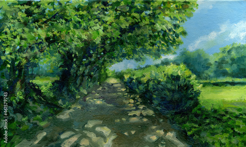 Oil painting landscape. The road is shaded by trees.
Summer sunny day.