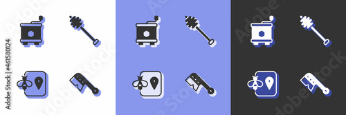 Set Beekeeping brush, Honey extractor, location and dipper stick icon. Vector