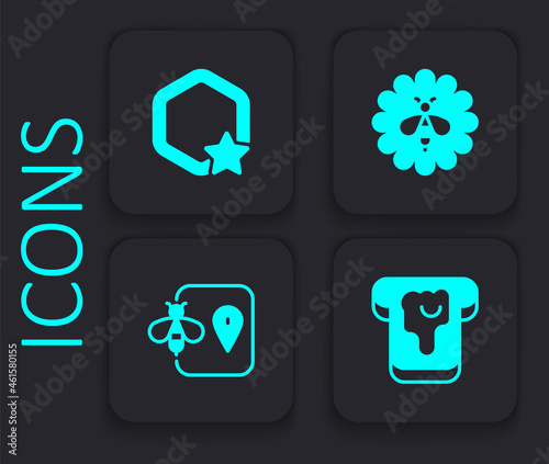 Set Bread with honey, Honeycomb, Bee flower and location icon. Black square button. Vector © Iryna