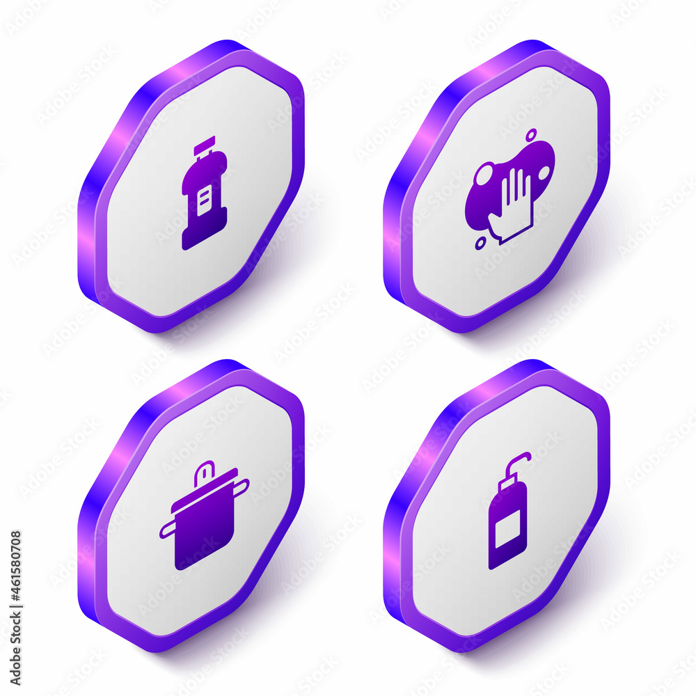 Set Isometric Bottle for detergent, Sponge, Cooking pot and Antibacterial soap icon. Purple hexagon button. Vector