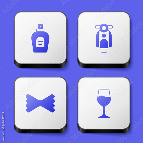 Set Perfume, Scooter, Macaroni and Wine glass icon. White square button. Vector