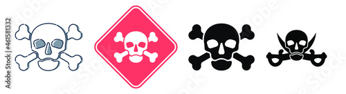Human skull in full face view and crossbones on white background. Four kinds isolated illustration in flat style. Poison sign and symbol. An image of danger to humans. Icon of hazard to life. photo