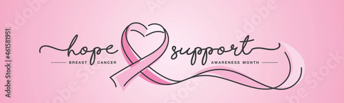 Hope support handwritten line design typography breast cancer awareness month creative pink ribbon symbol and background vector illustration banner