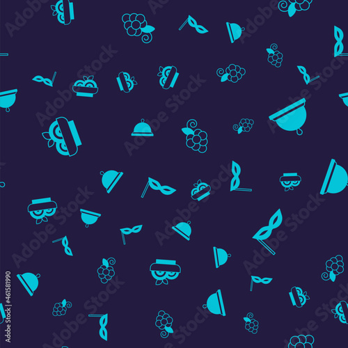 Set Pasta spaghetti, Covered with tray of food, Grape fruit and Carnival mask on seamless pattern. Vector