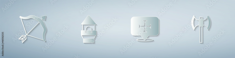 Fototapeta premium Set Medieval bow and arrow, Castle tower, Crusade and poleaxe. Paper art style. Vector
