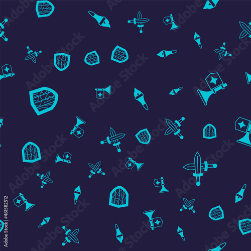 Set Shield, Trumpet with flag, Torch flame and Crossed medieval sword on seamless pattern. Vector