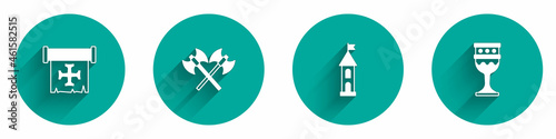 Set Crusade, Crossed medieval axes, Castle tower and Medieval goblet icon with long shadow. Vector