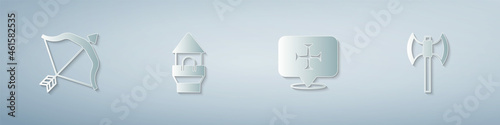 Set Medieval bow and arrow, Castle tower, Crusade and poleaxe. Paper art style. Vector