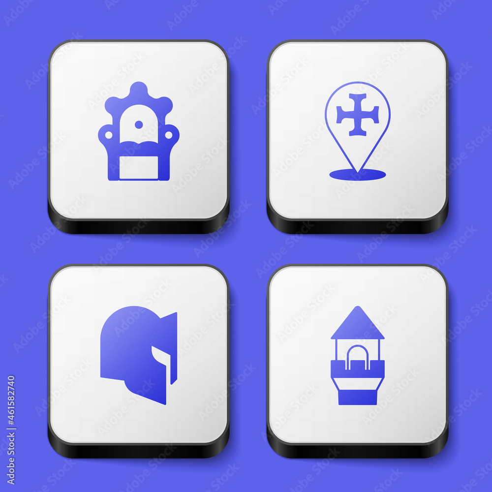 Set Medieval throne, Crusade, helmet and Castle tower icon. White square button. Vector