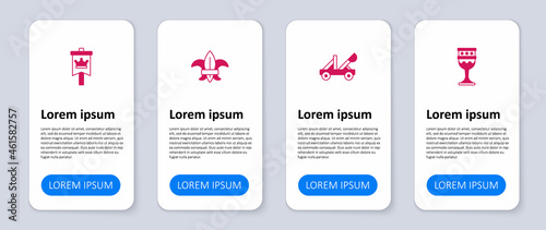 Set Medieval goblet, catapult, Fleur de lys or lily flower and flag. Business infographic template. Vector