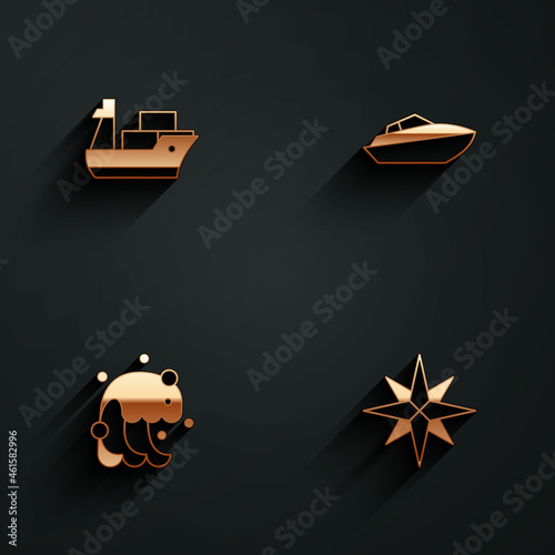 Set Cargo ship, Speedboat, Tsunami and Wind rose icon with long shadow. Vector