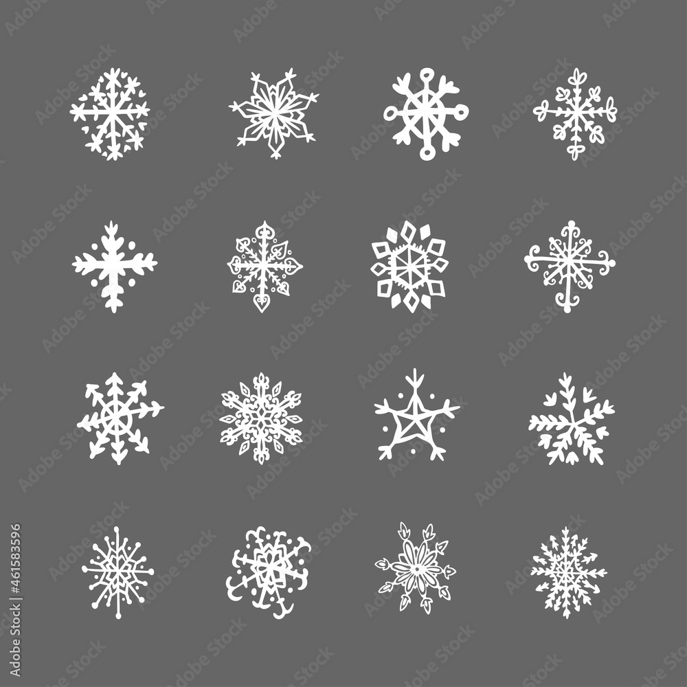 Doodle snowflakes set. Elements for seasonal winter design. Vector illustration on grey background.
