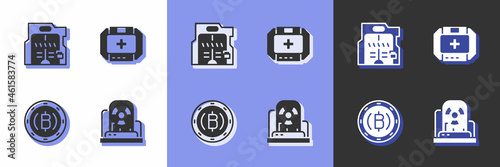 Set Radioactive warning lamp, Futuristic sliding doors, Cryptocurrency coin Bitcoin and First aid kit icon. Vector