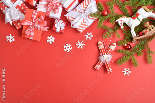 Greeting card for New Year and Christmas. A festive banner with gifts and Christmas toys.