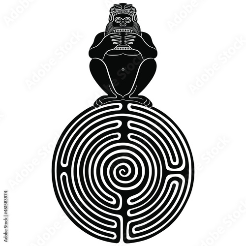 Ancient Greek god Pan sitting on top of a round spiral maze or labyrinth symbol and playing flute. Satyr or Silenus. Creative concept for antique culture. Black and white negative silhouette. 