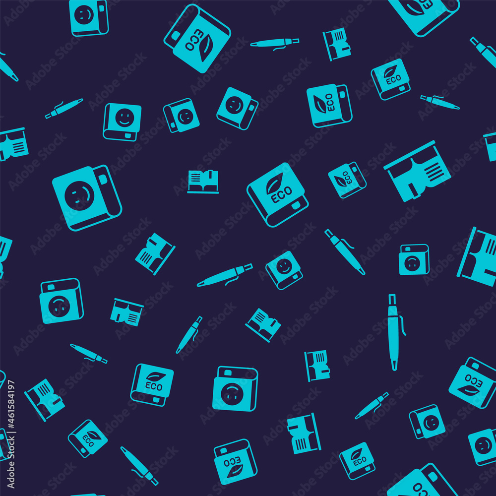 Set Book, Open book, about ecology and Pen on seamless pattern. Vector