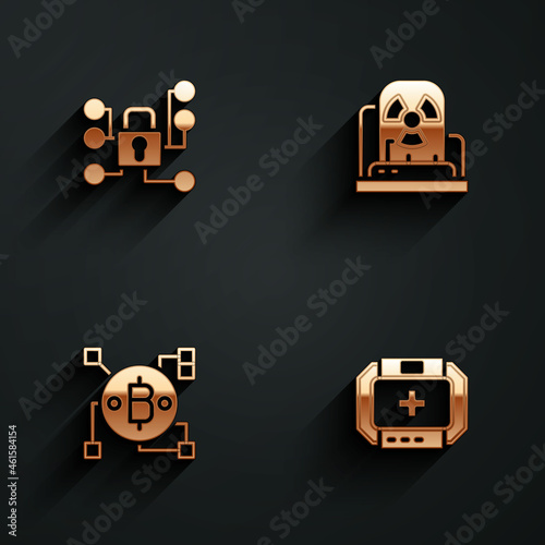 Set Cyber security, Radioactive warning lamp, Blockchain technology Bitcoin and First aid kit icon with long shadow. Vector