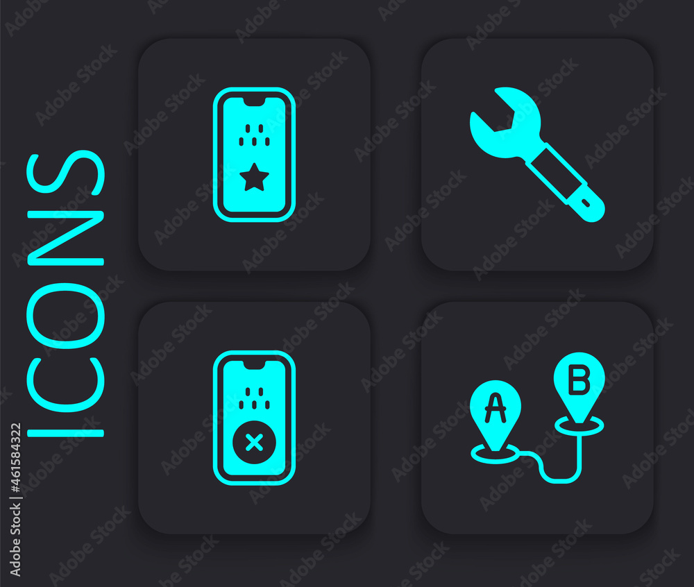 Set Route location, Taxi mobile app, Wrench spanner and icon. Black square button. Vector Set Route location, Taxi mobile app, Wrench spanner and icon. Black square button. Vector