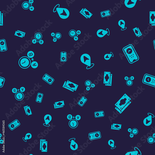 Set Taxi waiting time, mobile app, Location taxi car and Stacks paper money cash on seamless pattern. Vector