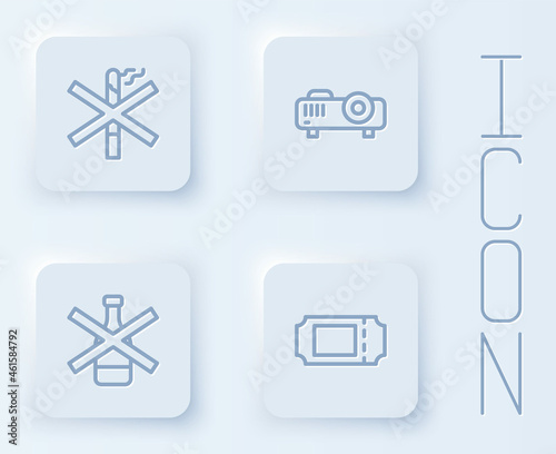 Set line No smoking, Movie, film, media projector, alcohol and Cinema ticket. White square button. Vector