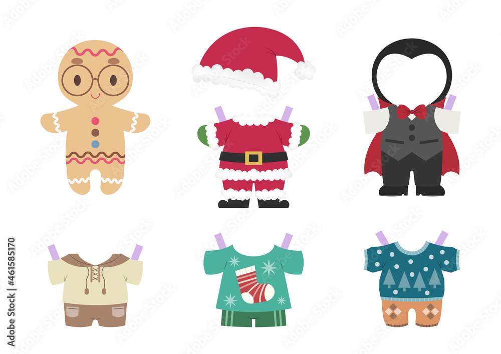 Gingerbread dress up paper toy. Cute gingerbread paper doll with