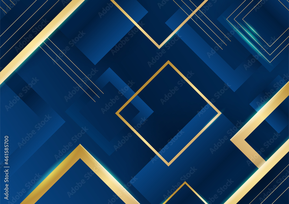 Dark blue background with gold shiny line elements for presentation background. Abstract template dark blue luxury premium background with luxury geometric pattern and gold lighting lines