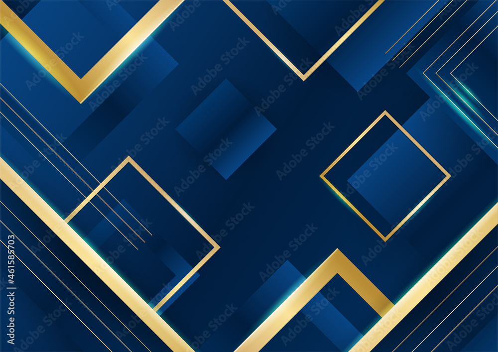 Dark blue background with gold shiny line elements for presentation background. Abstract template dark blue luxury premium background with luxury geometric pattern and gold lighting lines