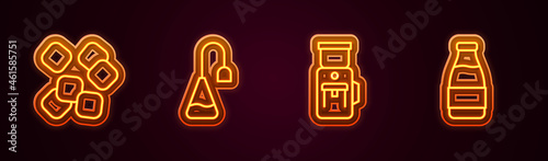 Set line Sugar cubes, Tea bag, Electric coffee grinder and Milk bottle. Glowing neon icon. Vector