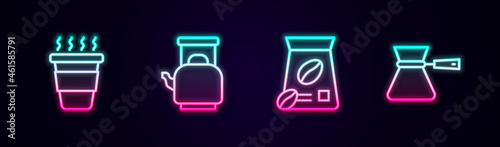 Set line Coffee cup to go, Kettle with handle, Bag coffee beans and turk. Glowing neon icon. Vector