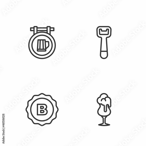 Set line Glass of beer, Bottle cap, Street signboard with and opener icon. Vector