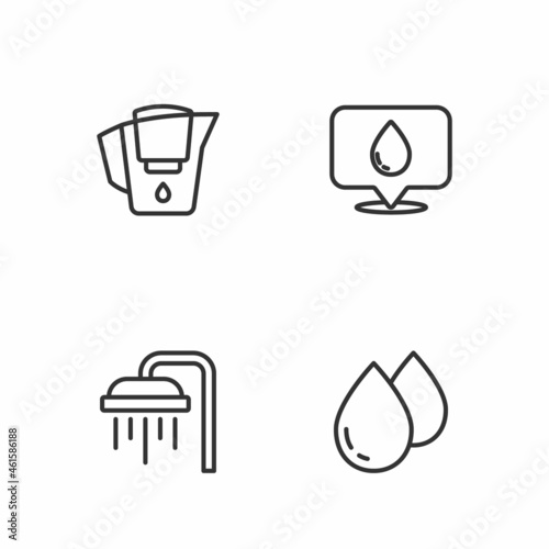 Set line Water drop  Shower  jug with filter and location icon. Vector