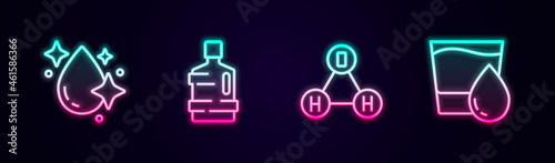 Set line Water drop, Big bottle with clean water, Chemical formula H2O and Glass. Glowing neon icon. Vector