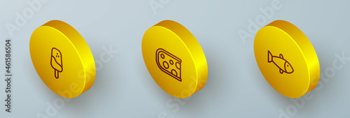Set Isometric line Ice cream, Cheese and Fish icon. Vector