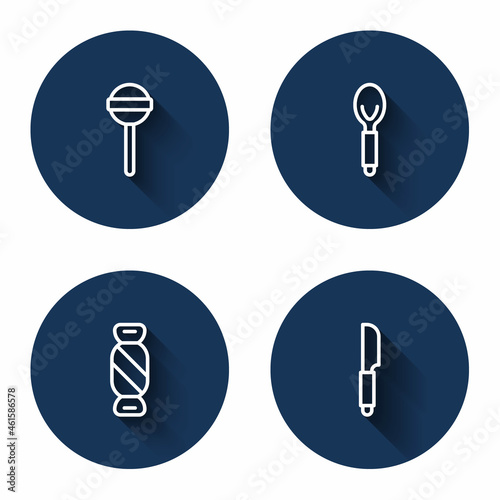 Set line Lollipop, Spoon, Candy and Knife with long shadow. Blue circle button. Vector