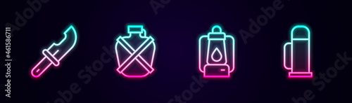 Set line Hunter knife, Canteen water bottle, Camping lantern and Thermos container. Glowing neon icon. Vector