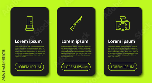 Set line Cartridges, Hunting gun and Photo camera. Business infographic template. Vector