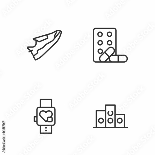 Set line Award over sports winner podium, Smart watch with heart, Fitness sneakers shoes and Sports doping dumbbell icon. Vector