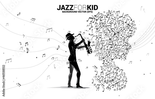 Vector saxophonist and child from dancing flow shape music note . Concept background music for kid and children.