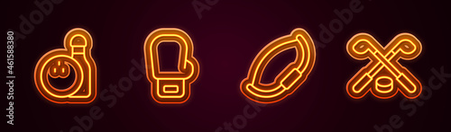 Set line Bowling pin and ball, Boxing glove, Medieval bow and Ice hockey sticks puck. Glowing neon icon. Vector