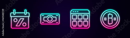 Set line Discount percent tag, Stacks paper money cash, Online shopping screen and Cryptocurrency coin Bitcoin. Glowing neon icon. Vector