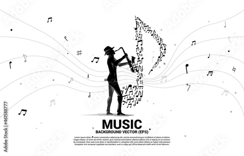 Vector silhouette of saxophonist with music melody note dancing flow . Concept background for classic music concert and recreation.