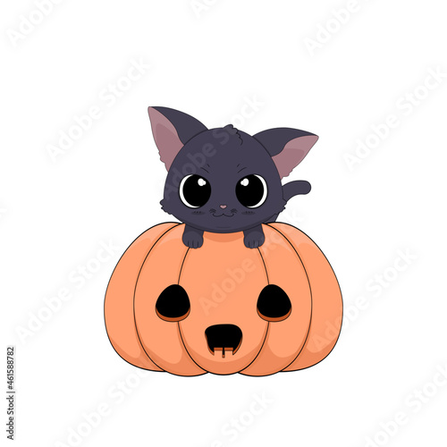 Zabawny czarny kot wspinający się na dynię. Ilustracja wektorowa na Halloween. Cukierek albo psikus! Uroczy ręcznie rysowany mały kotek.