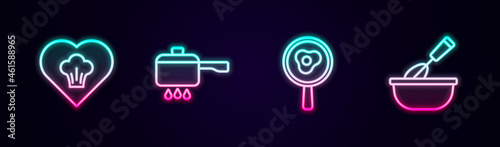 Set line Chef hat, Cooking pot on fire, Fried eggs frying pan and whisk with bowl. Glowing neon icon. Vector