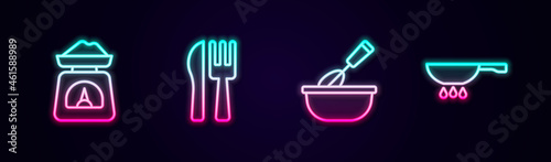 Set line Scales, Crossed knife and fork, Cooking whisk with bowl and Frying pan on fire. Glowing neon icon. Vector