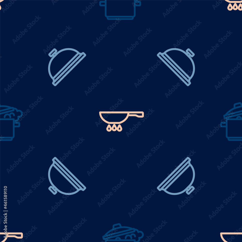 Set line Cooking pot, Covered with tray of food and Frying pan on fire on seamless pattern. Vector Set line Cooking pot, Covered with tray of food and Frying pan on fire on seamless pattern. Vector