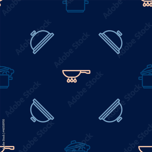 Set line Cooking pot, Covered with tray of food and Frying pan on fire on seamless pattern. Vector