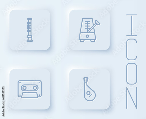Set line Flute, Metronome with pendulum, Retro audio cassette tape and Bandura. White square button. Vector