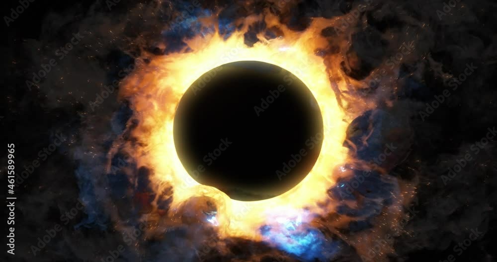 Fiery red and Energy blue fire and smoke effect around a circle ring. Particle Vortex motion graphic flowing around a circle shape for copy text or logo. 4K seamless loop isolated on black