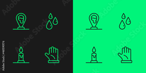Set line Beekeeper glove, Burning candle, Honeycomb bee location and Drops of honey icon. Vector