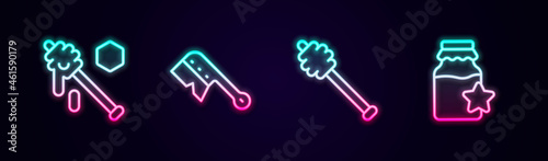 Set line Honey dipper stick, Beekeeping brush, and Jar of honey. Glowing neon icon. Vector